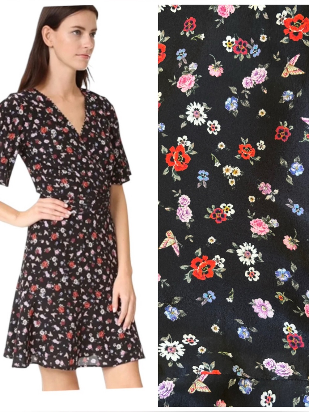 The Kooples Black Floral Wrap Dress with Red, Pink & Purple Flowers